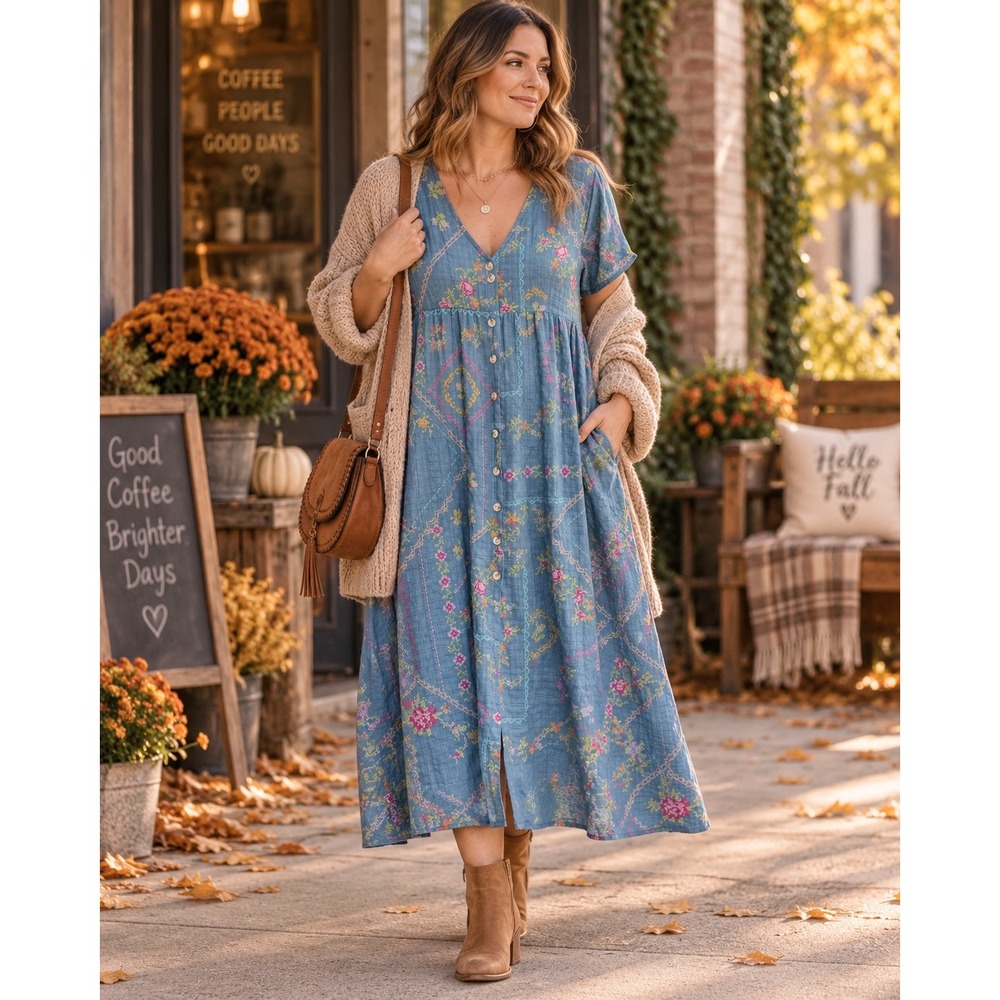Natural Life Women's Large Blue Floral Button Front Midi Dress Boho Cottagecore
